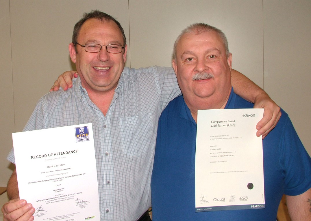 Paul Shorten with RTITB Certificate and Owen Pugh Transport  Manager